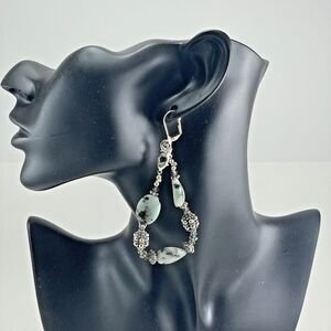 Sesame Jasper Long Beaded Earrings Women’s 7 inches Silver Color Crystal Beads